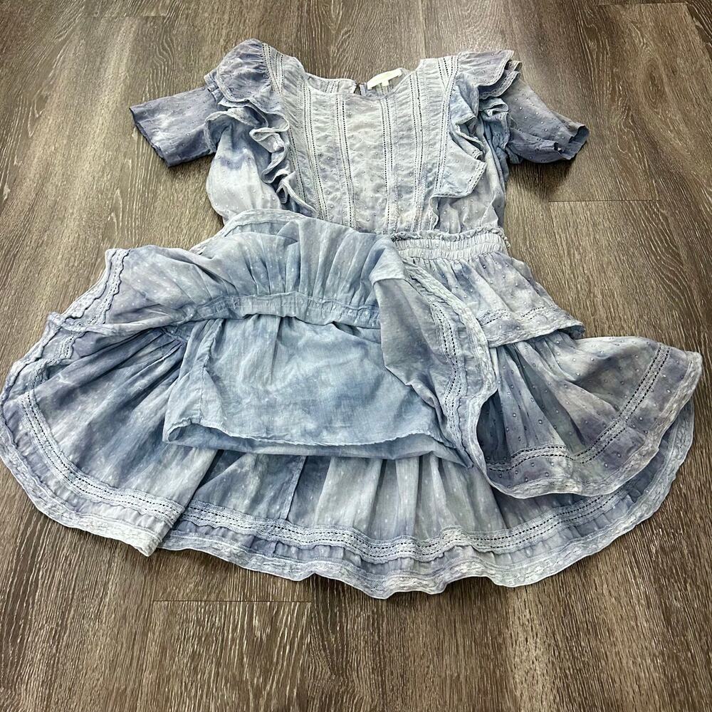LoveShackFancy Natasha Mini Dress Washed Denim Blue Ruffle Sz Large - Picture 11 of 15